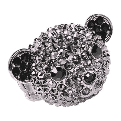 Bear Head Crystal Animal Stretch Adjustable Fashion Ring Hematite Black - Accessoriesforever