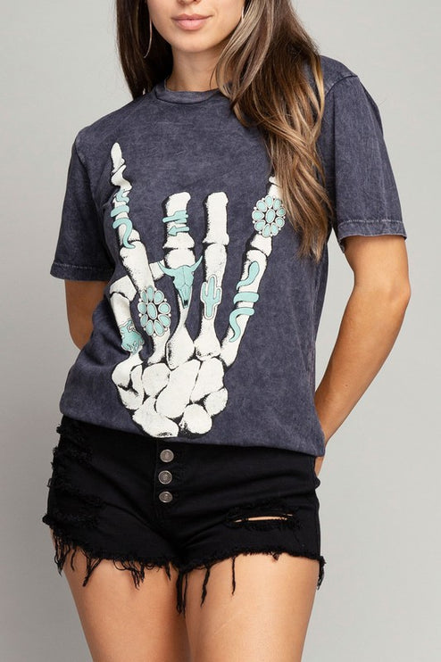 Skeleton Rock Hand Sign Graphic Tee T-Shirt