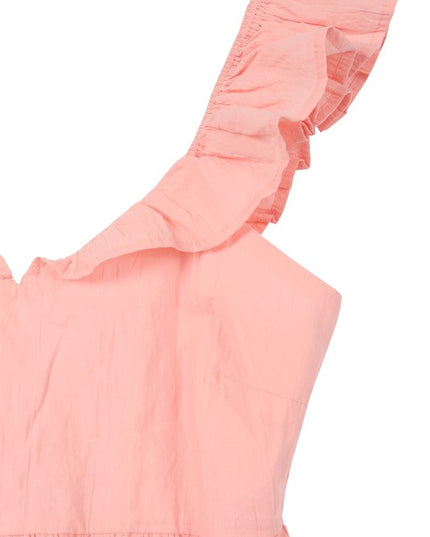 Cute Stylish Open Back Tie Ruffled Trim Flare Fashion Top Pink