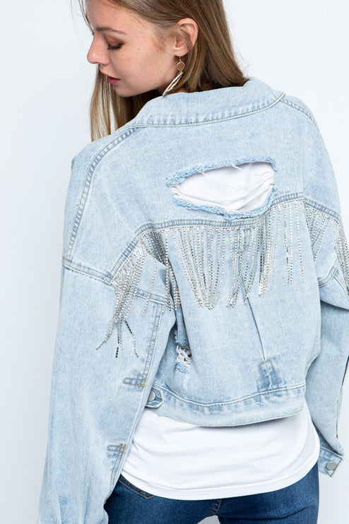 Stylish Rhinestone Fringe Long Sleeve Distressed Denim Jacket