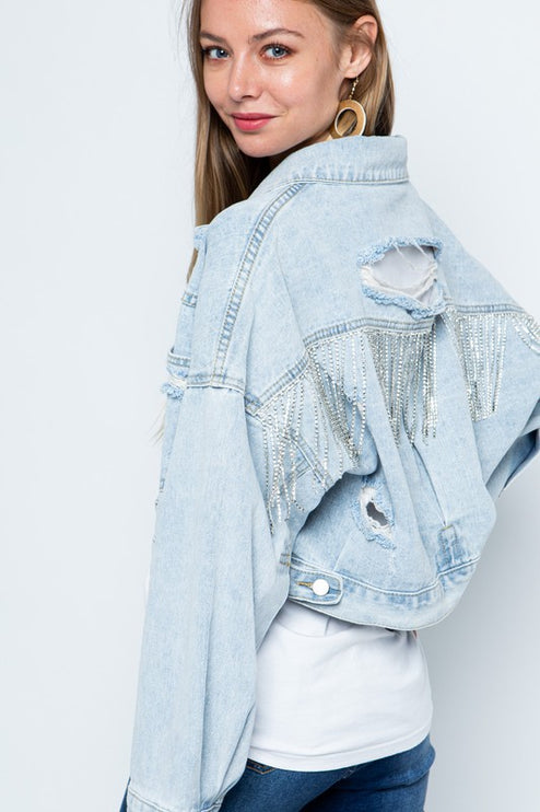 Stylish Rhinestone Fringe Long Sleeve Distressed Denim Jacket