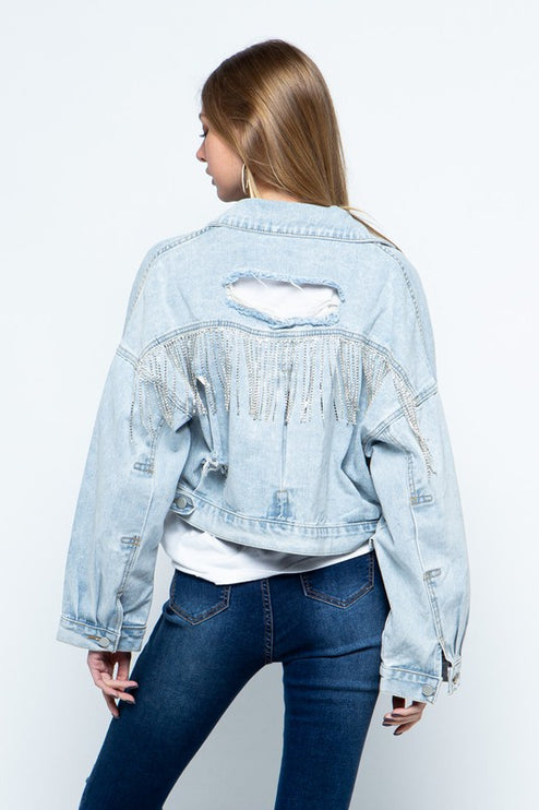 Stylish Rhinestone Fringe Long Sleeve Distressed Denim Jacket