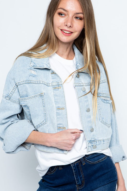 Stylish Rhinestone Fringe Long Sleeve Distressed Denim Jacket