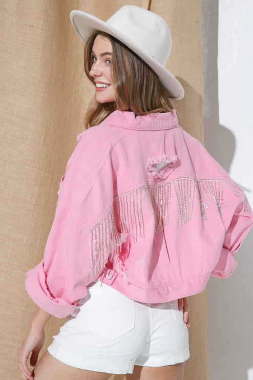 Stylish Rhinestone Fringe Long Sleeve Distressed Denim Jacket