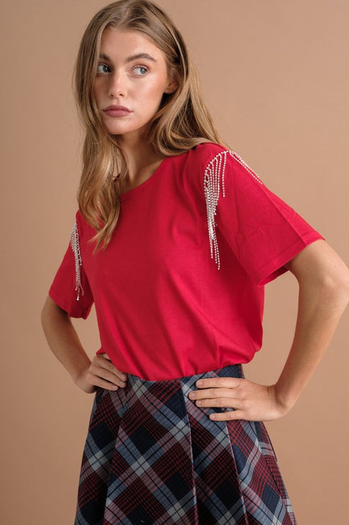 Soft Cotton Rhinestone Fringe Shoulder Detail Fashion Top T-shirt