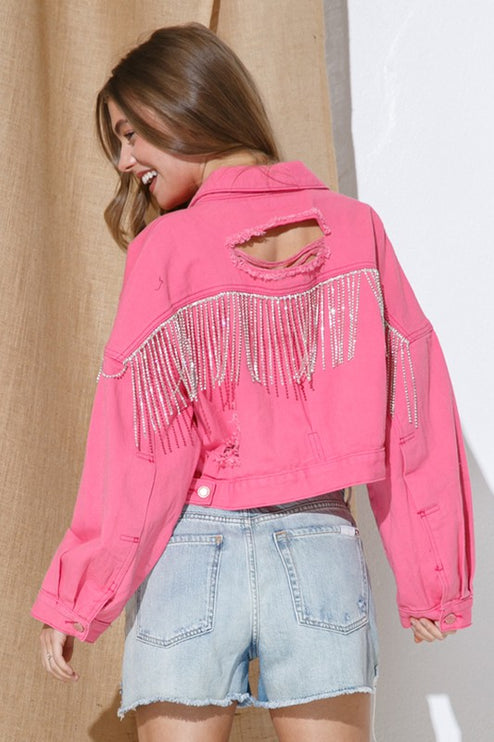 Stylish Rhinestone Fringe Long Sleeve Distressed Denim Jacket