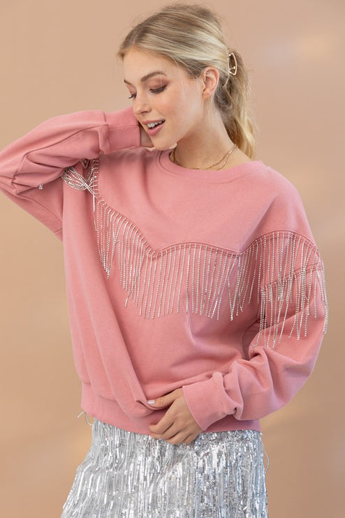 Chic French Terry Rhinestone Fringe Fashion Pullover Top