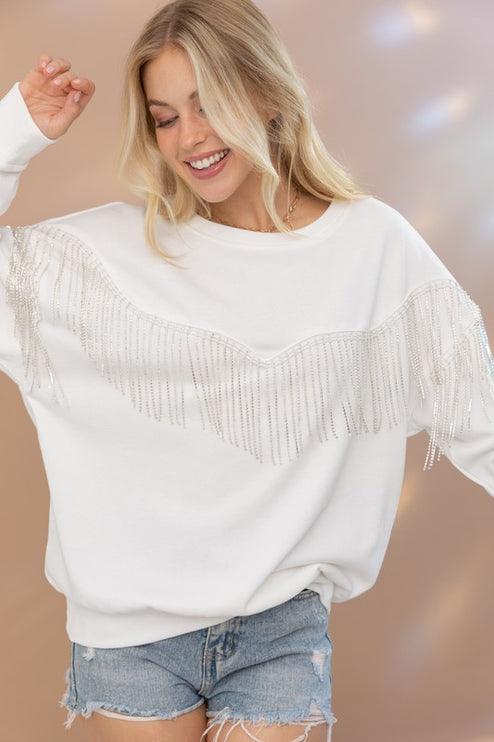 Chic French Terry Rhinestone Fringe Fashion Pullover Top