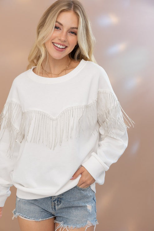 Chic French Terry Rhinestone Fringe Fashion Pullover Top