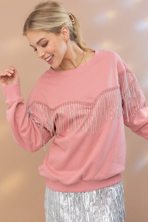 Chic French Terry Rhinestone Fringe Fashion Pullover Top