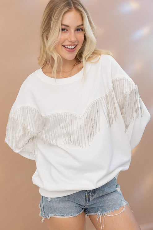 Chic French Terry Rhinestone Fringe Fashion Pullover Top