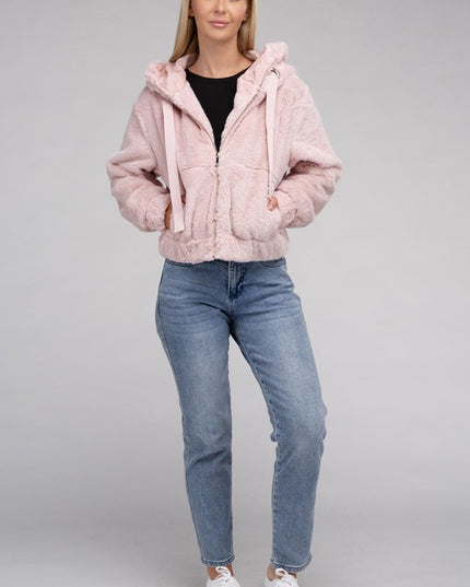 Plush Cropped Teddy Hoodie with Zip-Up Front and Drawstring Hood