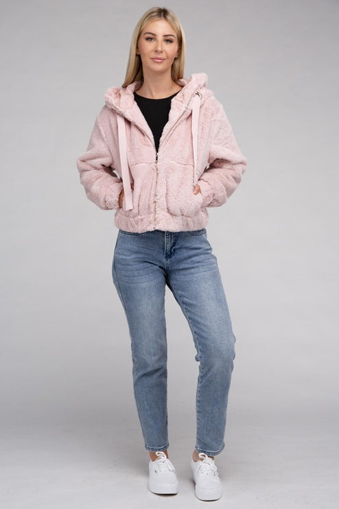 Plush Cropped Teddy Hoodie with Zip-Up Front and Drawstring Hood