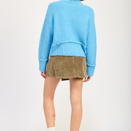 Cozy Light Blue Turtle Neck Sweater with Ribbed Hem