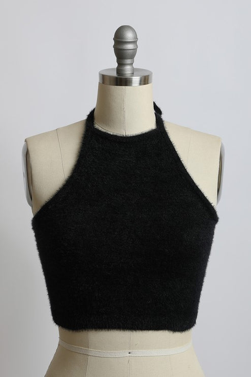 Fuzzy Sleeveless Sweater Halter Cropped Tank Top