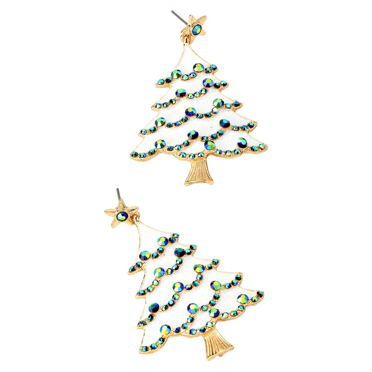 Sparking Crystal Rhinestone Snowy Christmas Tree Holiday Drop Earrings