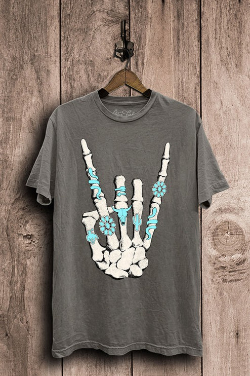 Skeleton Rock Hand Sign Graphic Tee T-Shirt