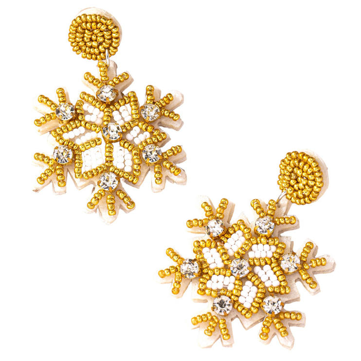 Beautiful Handcrafted Golden Beaded Rhinestone Snowflake Christmas Holiday Drop Earrings