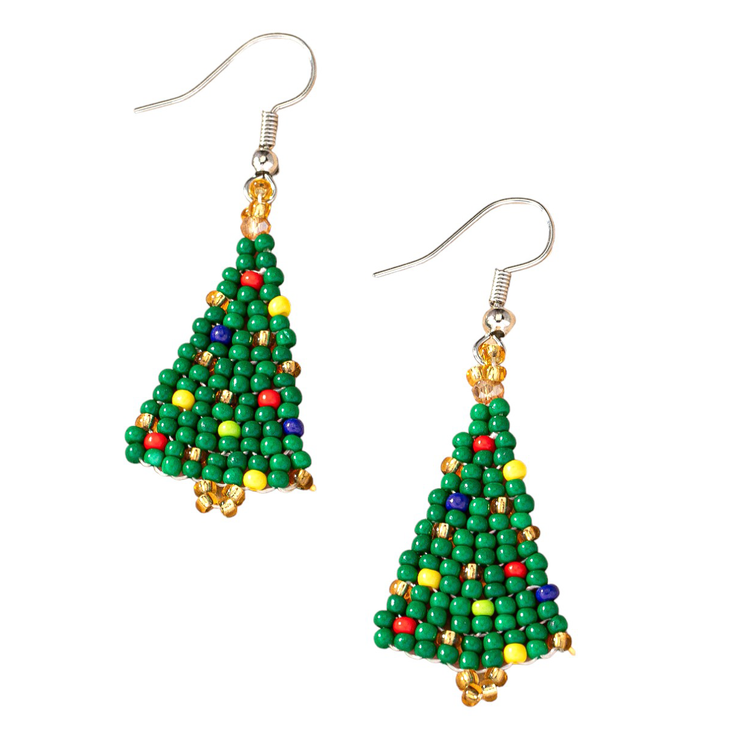 Handcrafted Seed Beads Christmas Tree Holiday Fashion Drop Dangle Earrings