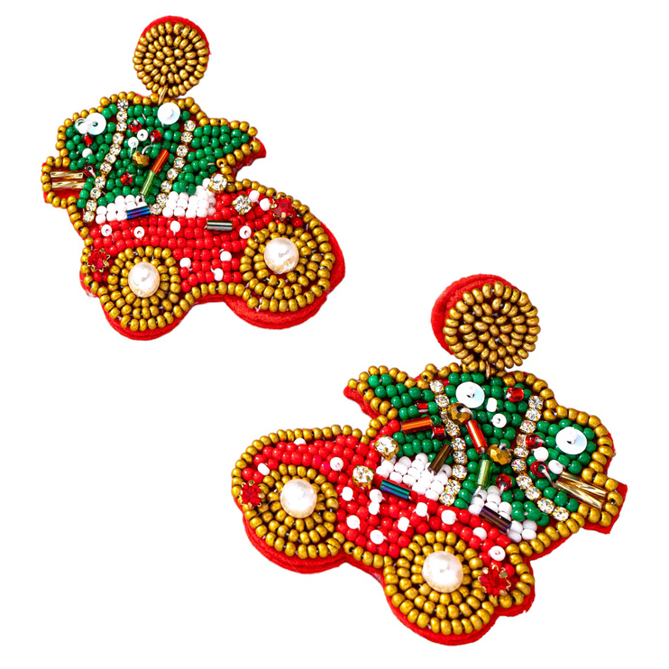 Adorable Seed Bead Rhinestone Christmas Tree Car Holiday Earrings