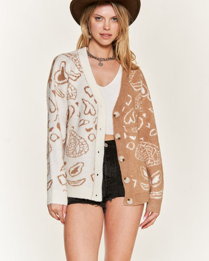 Oversized Heart Paisley Button-Down Sweater Cardigan with Color Block