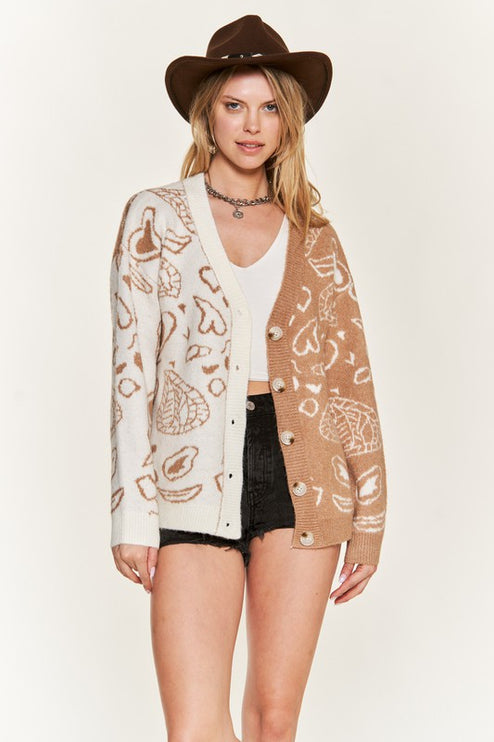 Oversized Heart Paisley Button-Down Sweater Cardigan with Color Block