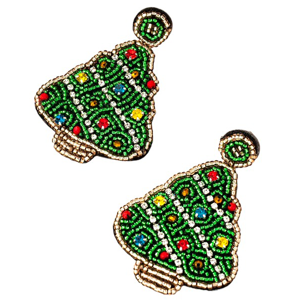 Beautiful Handcrafted Seed Bead Rhinestones Christmas Tree Holiday Drop Earrings