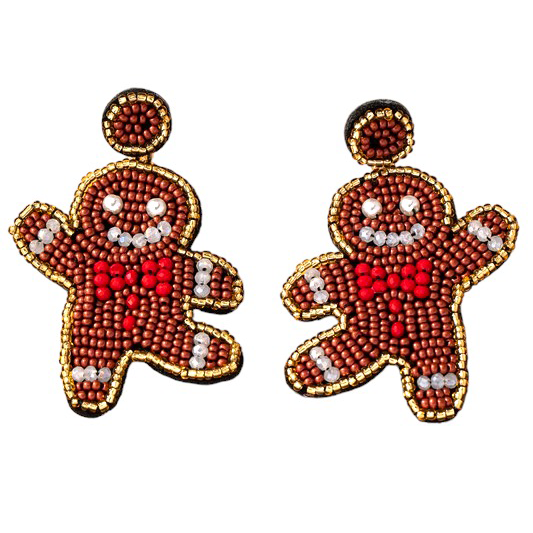 Handcrafted Gingerbread Man Seed Bead Christmas Holiday Drop Earrings