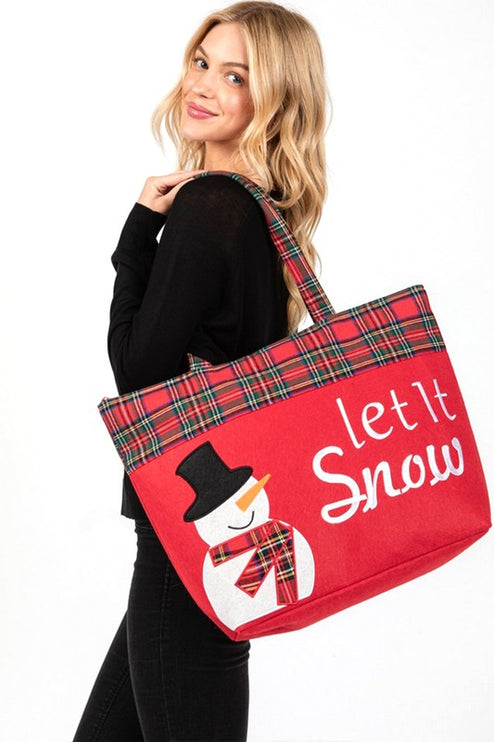 Charming "Let It Snow!" Oversized Tote with Plaid Snowman Design