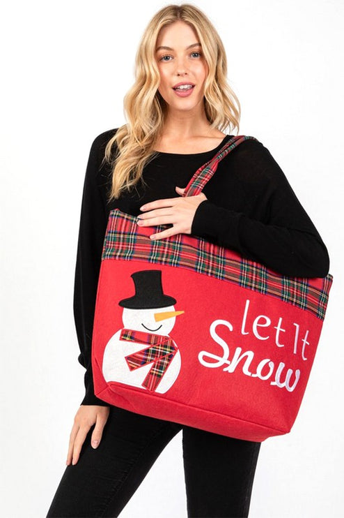 Charming "Let It Snow!" Oversized Tote with Plaid Snowman Design