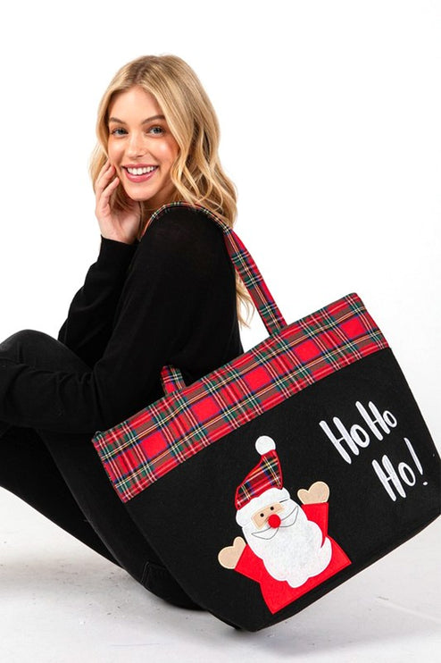 Festive "Ho Ho Ho!" Oversized Santa Tote with Plaid Accents