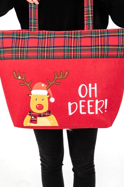 Festive "Oh Deer!" Oversized Tote Bag with Plaid Trim - Perfect for Holiday Shopping