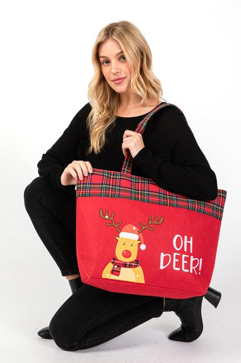 Festive "Oh Deer!" Oversized Tote Bag with Plaid Trim - Perfect for Holiday Shopping