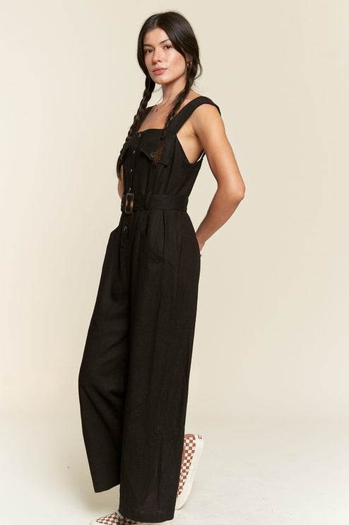 Linen Blend Jumpsuit with Belt and Multiple Pockets