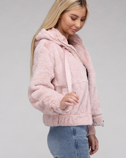 Plush Cropped Teddy Hoodie with Zip-Up Front and Drawstring Hood