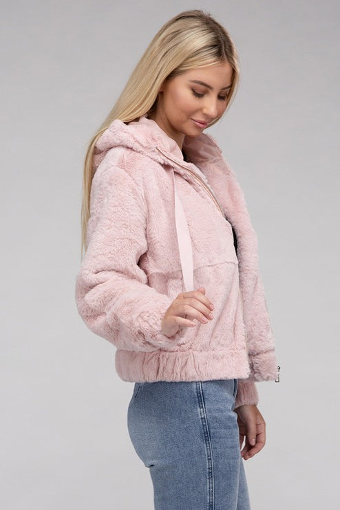 Plush Cropped Teddy Hoodie with Zip-Up Front and Drawstring Hood