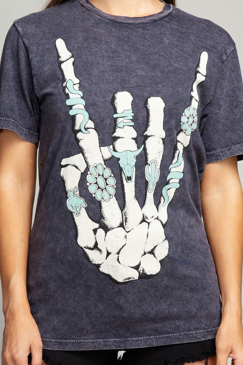 Skeleton Rock Hand Sign Graphic Tee T-Shirt