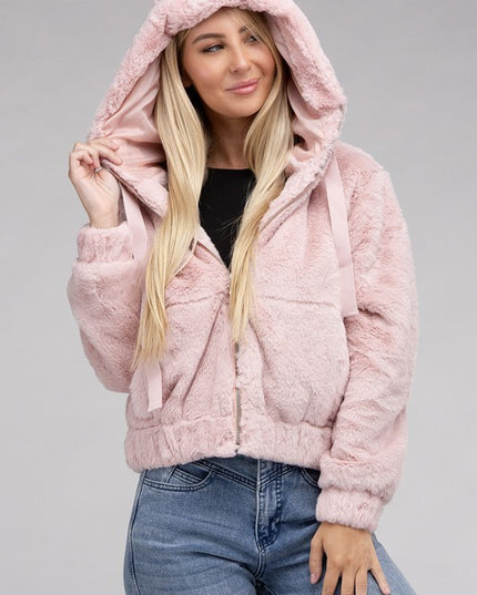 Plush Cropped Teddy Hoodie with Zip-Up Front and Drawstring Hood