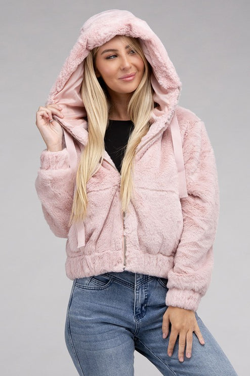 Plush Cropped Teddy Hoodie with Zip-Up Front and Drawstring Hood