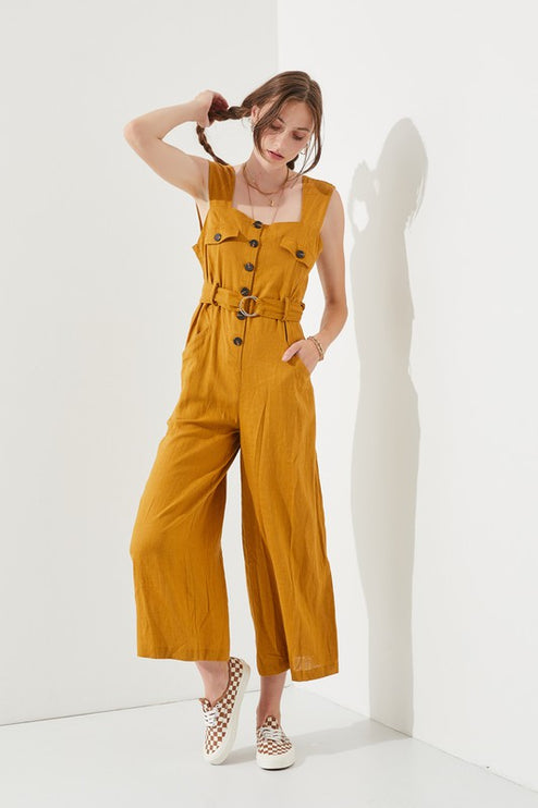 Linen Blend Jumpsuit with Belt and Multiple Pockets