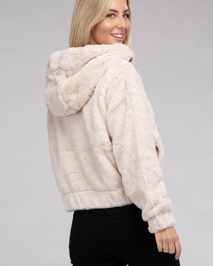 Plush Cropped Teddy Hoodie with Zip-Up Front and Drawstring Hood