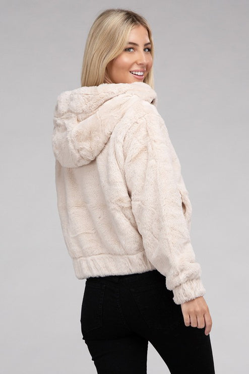 Plush Cropped Teddy Hoodie with Zip-Up Front and Drawstring Hood