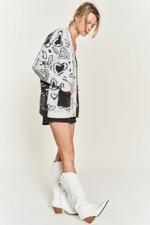 Oversized Heart Paisley Button-Down Sweater Cardigan with Color Block