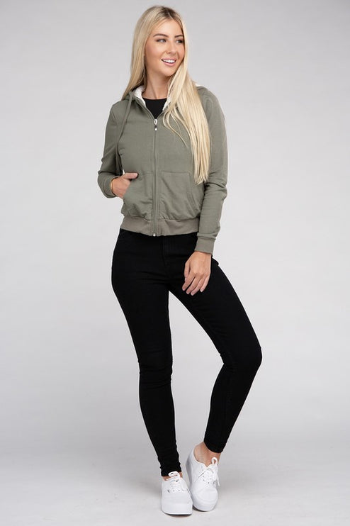 Cropped Fuzzy-Lined Zip-Up Hoodie with Long Sleeves