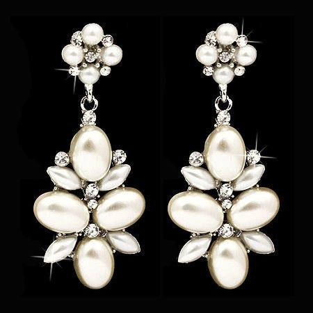 Bridal Wedding Jewelry Crystal Rhinestone Pearl Cluster Dangle Earrings Ivory - Accessoriesforever