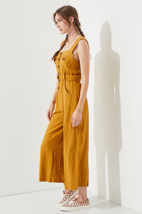 Linen Blend Jumpsuit with Belt and Multiple Pockets