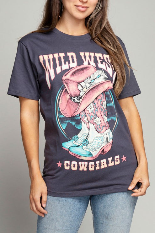 Wild West Cowgirls Pink Hat & Boot Graphic Tee T-Shirt