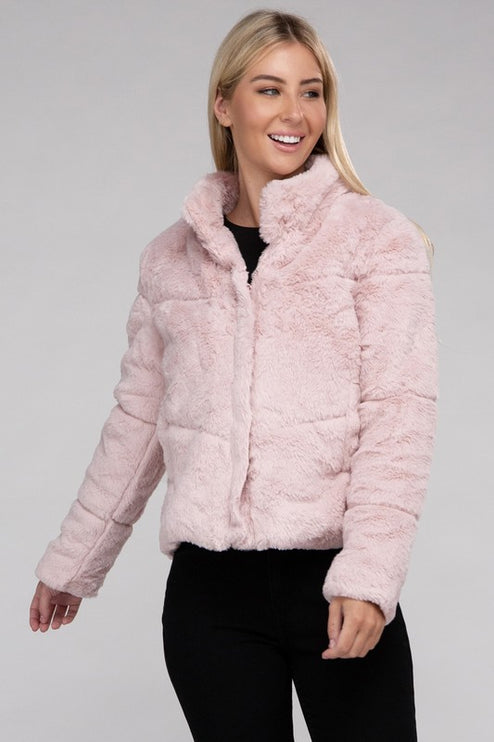 Fluffy Zip-Up Sweater Jacket with Collar and Pockets