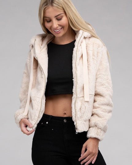 Plush Cropped Teddy Hoodie with Zip-Up Front and Drawstring Hood