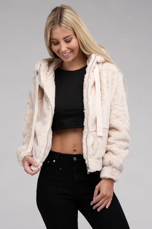 Plush Cropped Teddy Hoodie with Zip-Up Front and Drawstring Hood